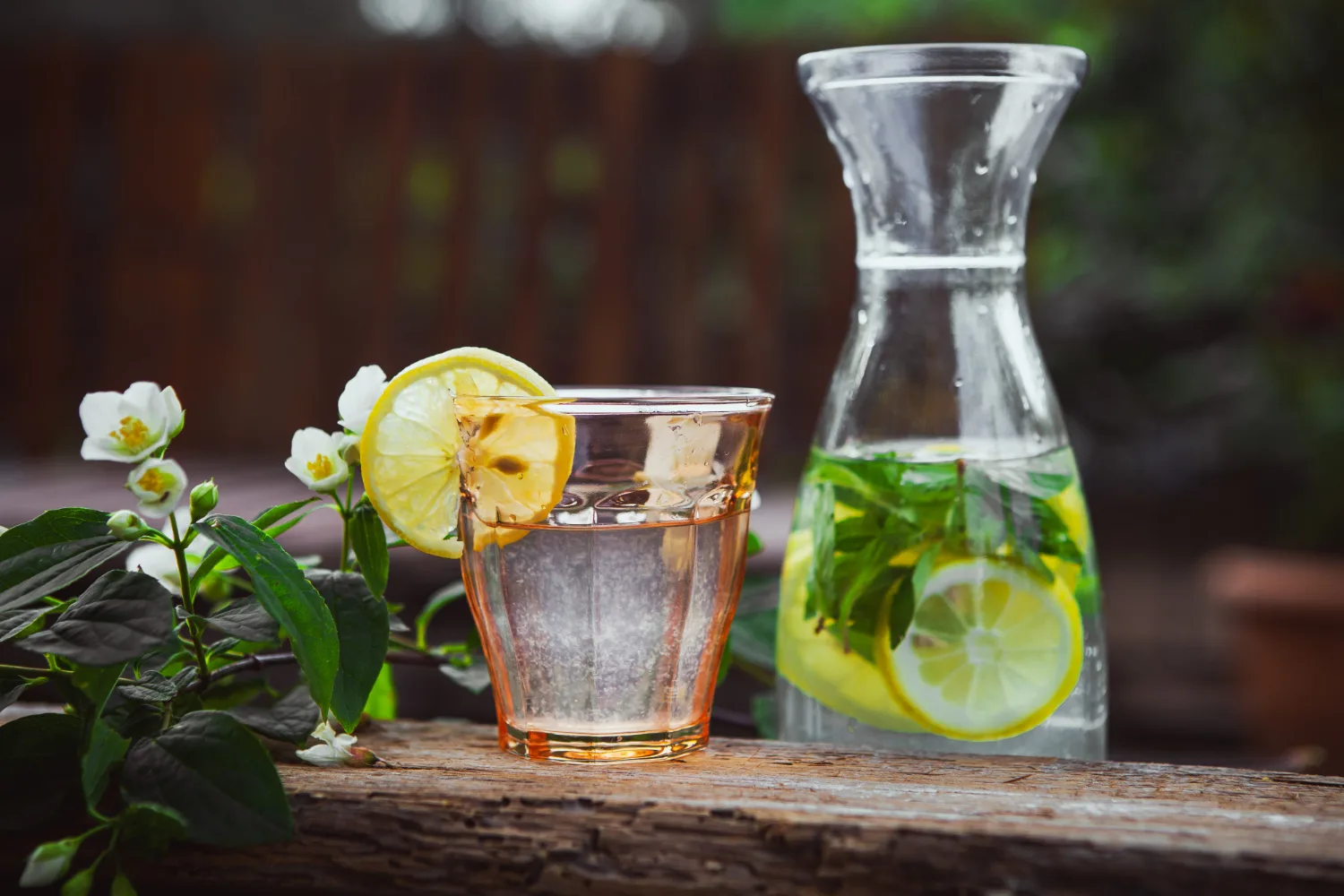 lemonade-with-flowers-branch-glass-jug-wooden-yard-table-side-view